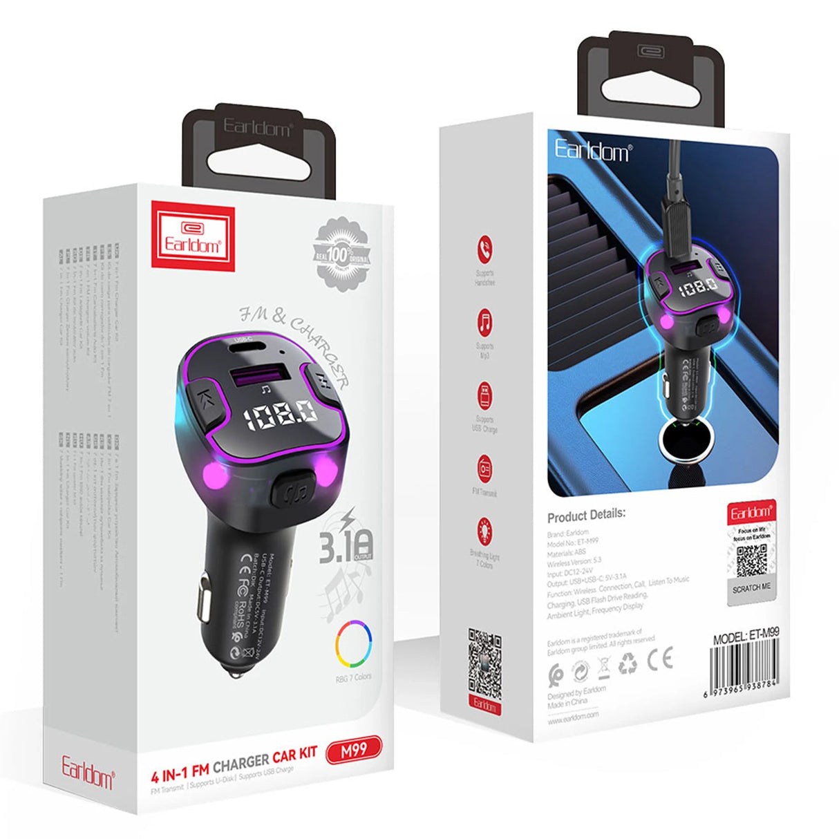 Trasmettitore FM e Caricatore da Auto con 2 USB-A e 1 USB-C