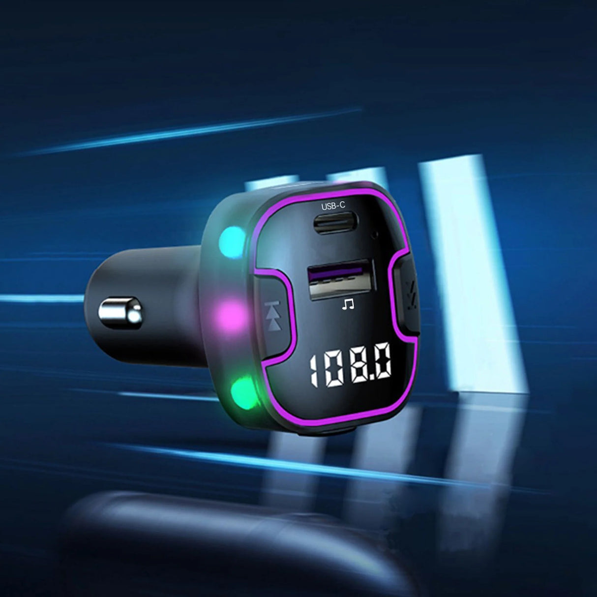 Trasmettitore FM e Caricatore da Auto con 2 USB-A e 1 USB-C