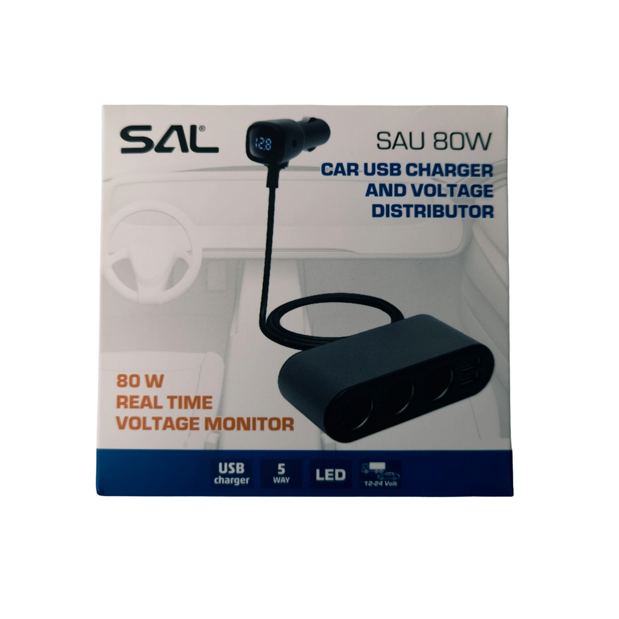 Multipresa da auto con voltmetro integrato (3 prese + 2 USB) 80W