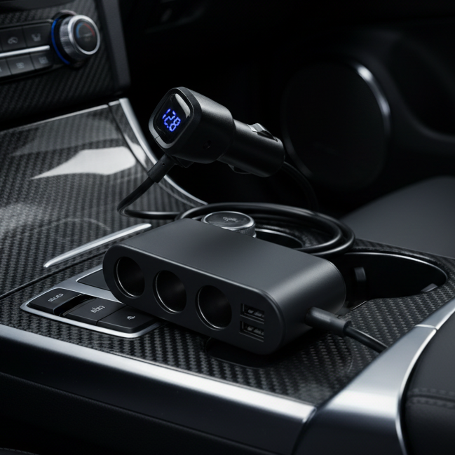Multipresa da auto con voltmetro integrato (3 prese + 2 USB) 80W