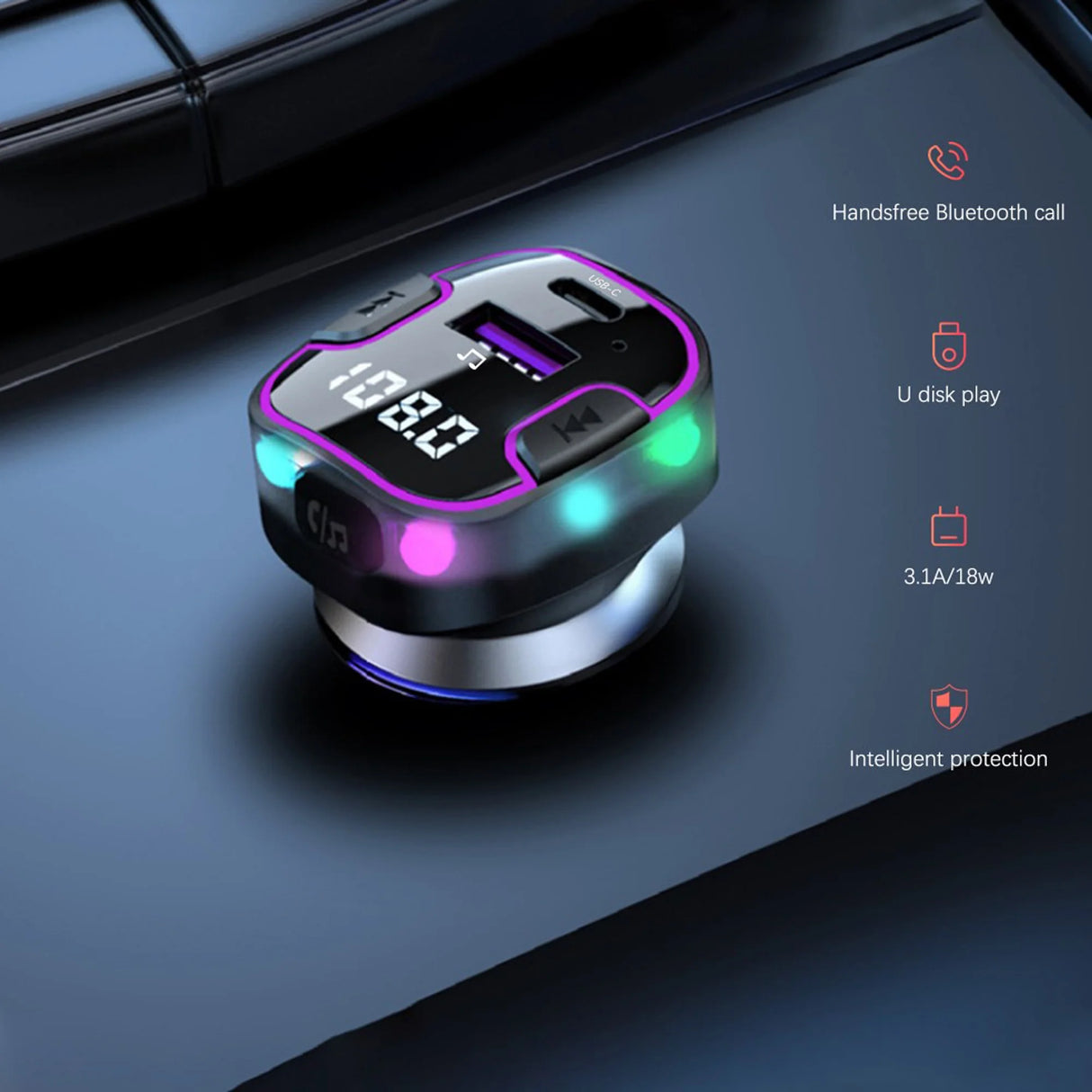 Trasmettitore FM e Caricatore da Auto con 2 USB-A e 1 USB-C