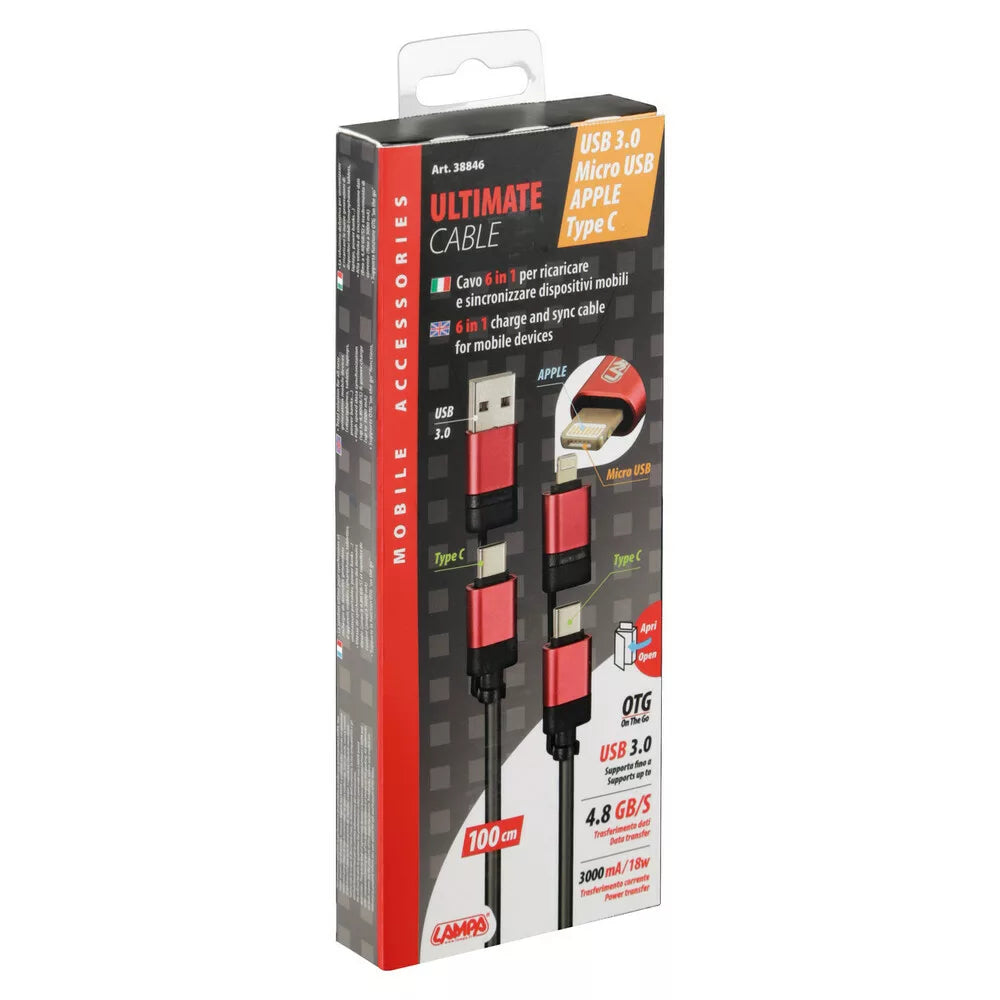 Câble USB 6-en-1 pour données et recharge – 100 cm